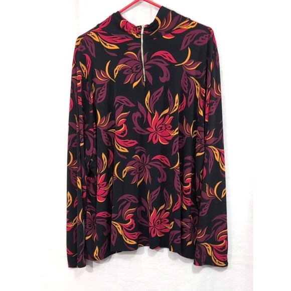 Liz Claiborne Blouse Womens 3X Black Floral Scroll Keyhole Ring Neck Long Sleeve - Picture 2 of 16